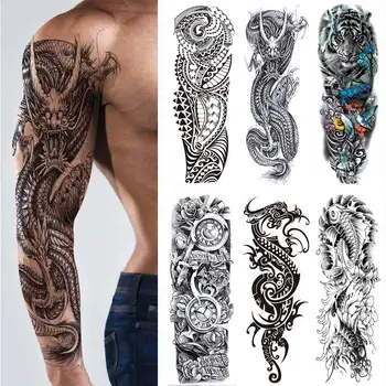 Временни татуировки за мъже, стикер с татуировка на ръкава, дракон, Тигър, риба, пълен череп, тотем, Вълците, водоустойчив фалшива татуировка за жени