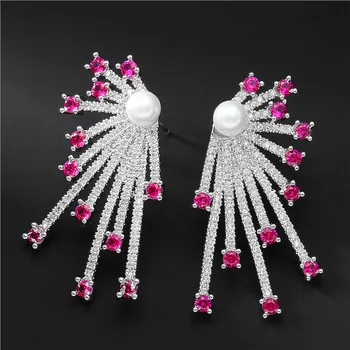 Луксозни обеци-карамфил с имитация на перли от цирконии за жени, модни вечерни обеци с геометрични кристали, модни бижута