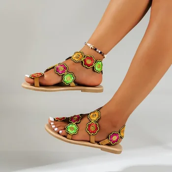 Многофункционална дамски обувки Годишно върху плоска подметка, украсена с цветя, градинска и плажна мода, Удобен, прост стил, фин силует