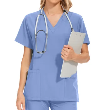 Работно облекло Панталон с еластична гумена лента за медицински сестри Работна Униформи от Дамски Блузи с къс ръкав и деколте Стоматологични Болнични Ексфолианти Костюми